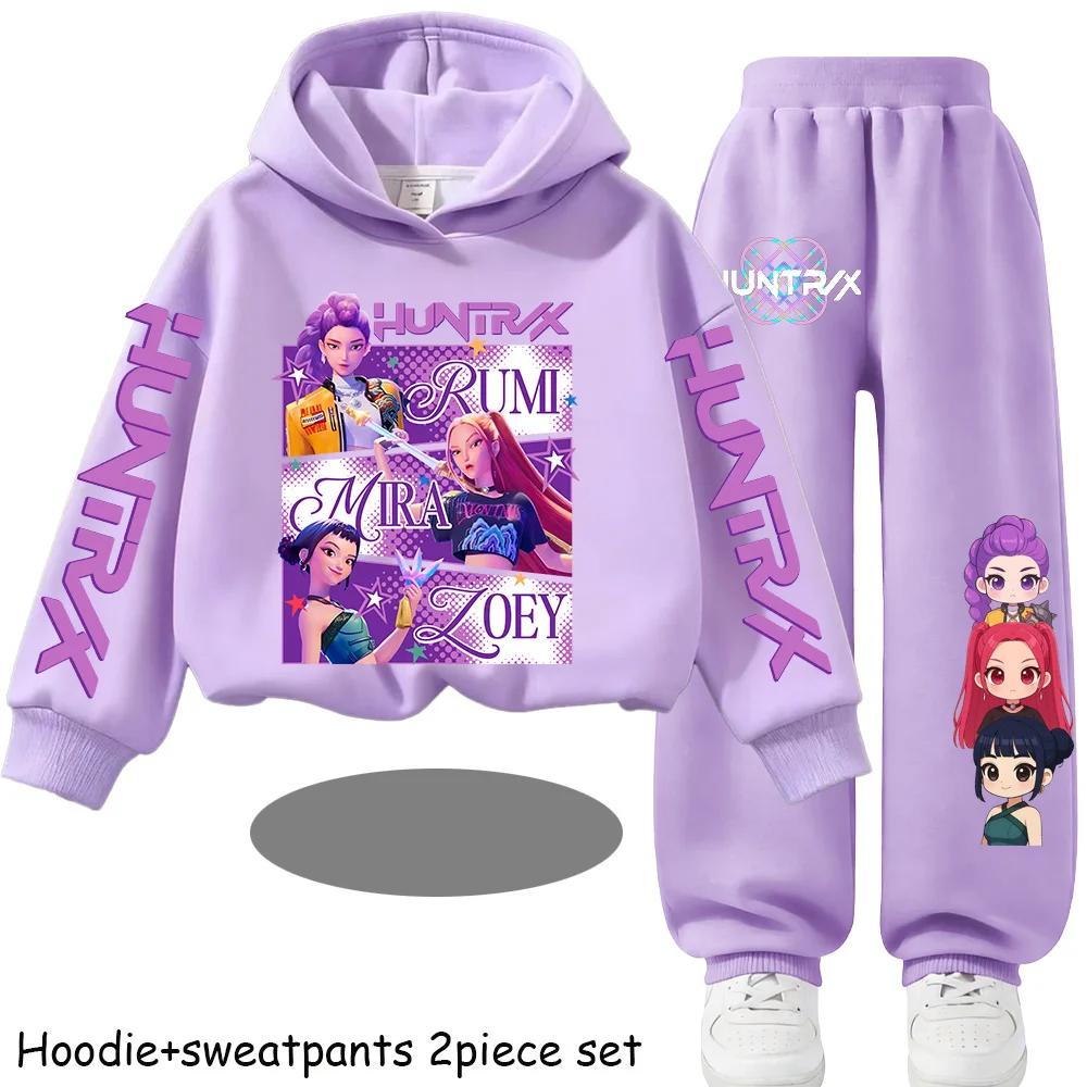 Hot Children's Hooded Sweater Set Huntrx Mira Rumi Zoey  Girl Cute Casual Top for Kids Sports Shirt with Cartoon Print 2 Pieces