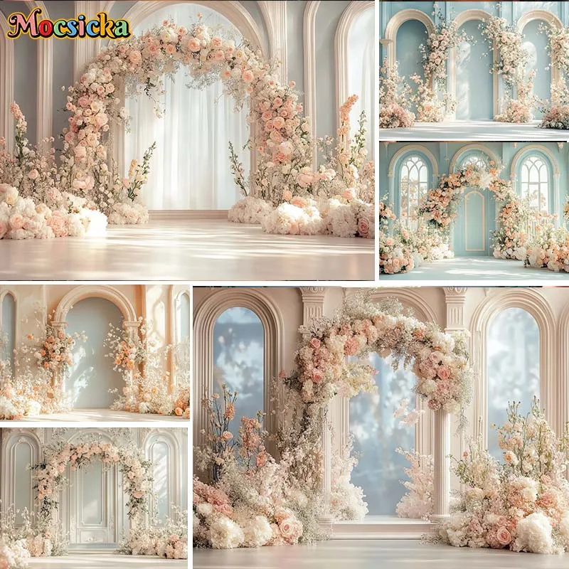 

Mocsicka Photography Background Spring Pink Floral White Arched Door Wedding Backdrop Birthday Maternity Portrait Photo Studio
