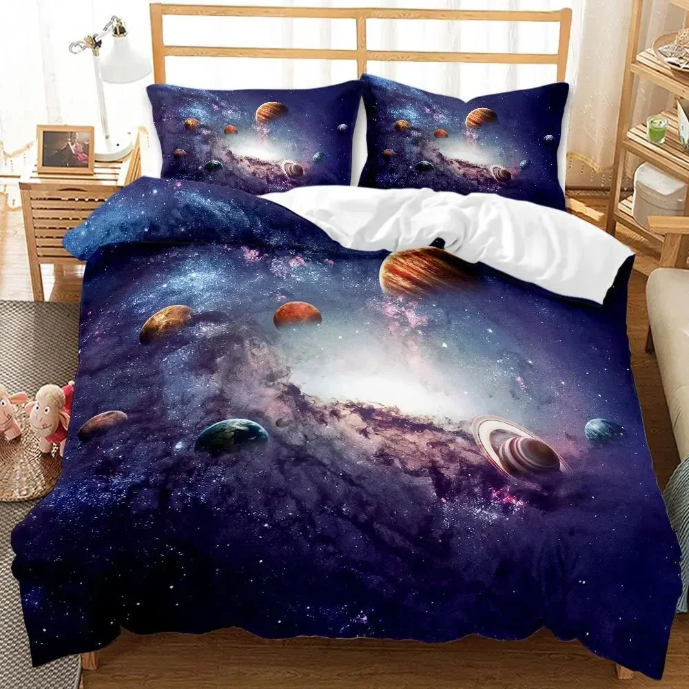 Soft Polyester Duvet Cover for Boys Galaxy Outer Space Bedding Set King/Queen Size Sky Universe Theme Quilt Cover Pillowcase