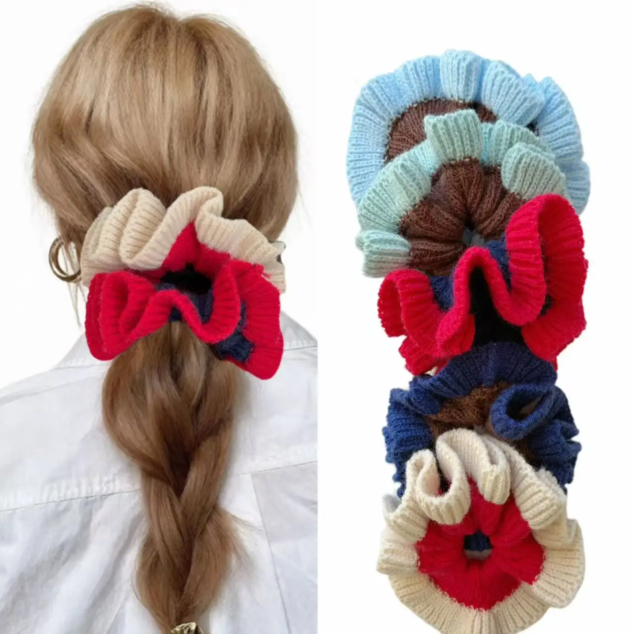 Hand-Knitted Color Block Yarn Scrunchies, Oversized Y2K Style Hair Ties for Women, Autumn Winter Ponytail Hair Accessory