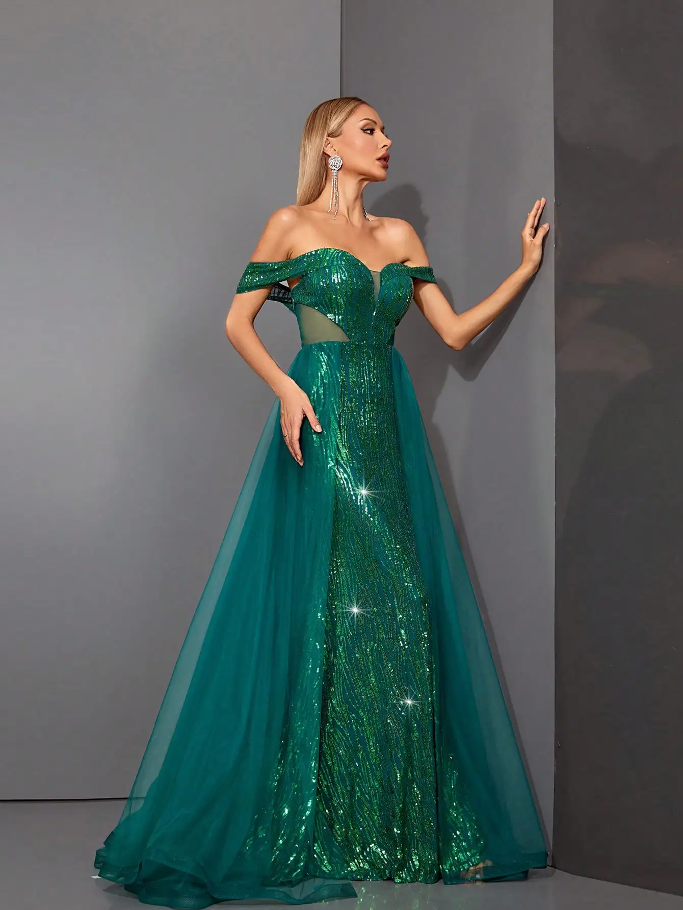 Mgiacy one-shoulder mid-waist mesh sheer sequin slimming fishtail back double-layer mesh large hem long dress