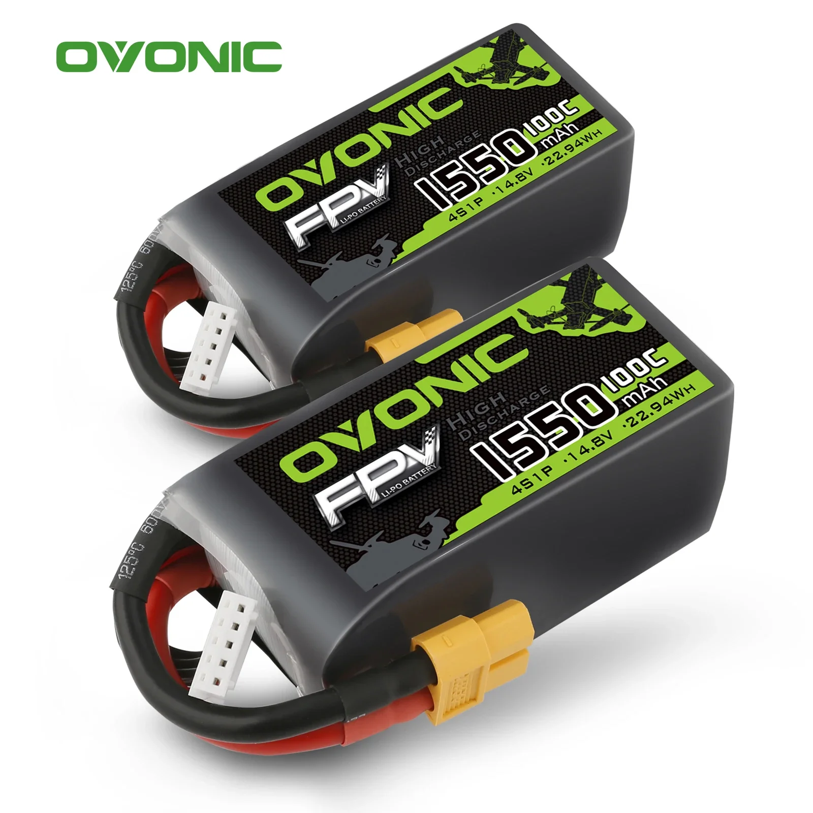 2 Packs Ovonic 4s Lipo Battery 100C 1550mAh 14.8V Lipo Battery with XT60 Connector for RC FPV Racing Drone Quadcopter