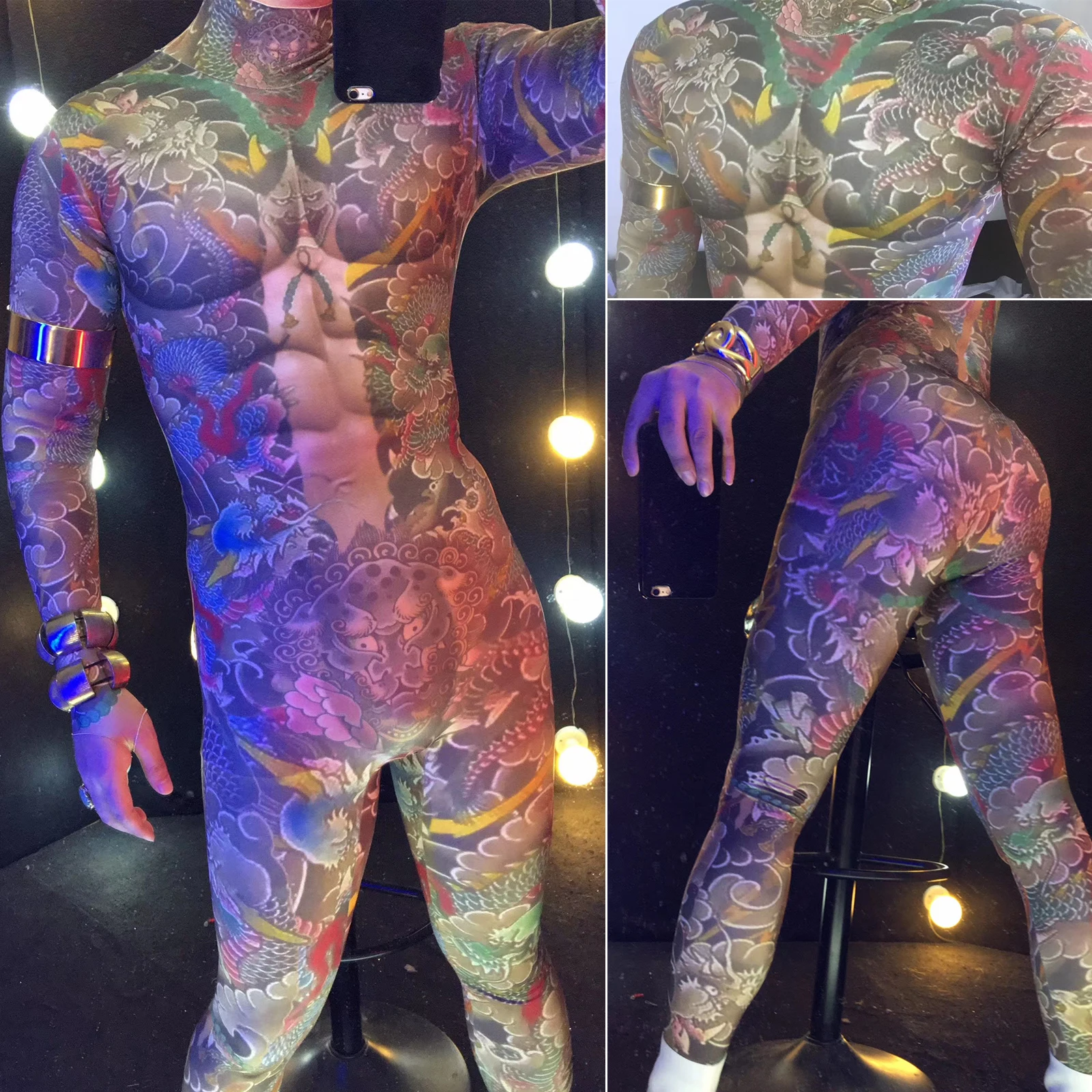 fashion 3D Printed jumpsuit long sleeve Skull tattoo Muscle Man nude leotard Male guest catwalk stage outfit dance club costume - Image 2