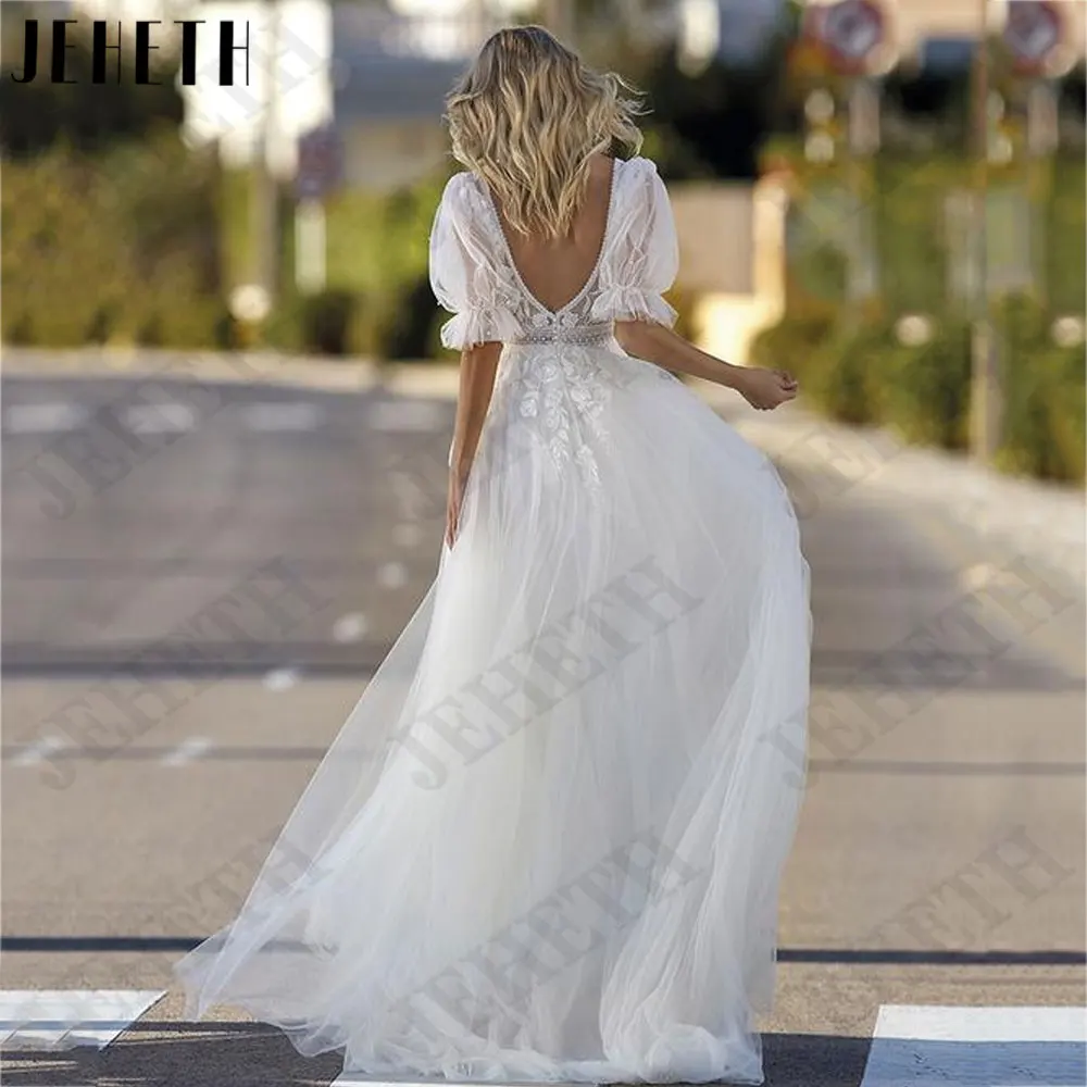 JEHETH V-Neck Apliques Vestidos De Casamento Meia Manga Puff A Linha Vestidos De Noiva A Linha De Tule 2024 Backless Custom Made vestidos 2024JEHETH V-Neck Apliques Vestidos De Casamento Meia Manga Puff A Linha Vestido