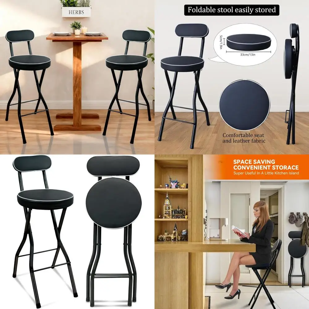 

Portable Padded Folding Stool with Backrest for Kitchen Island, Tall Collapsible Seat for Adults (Black)