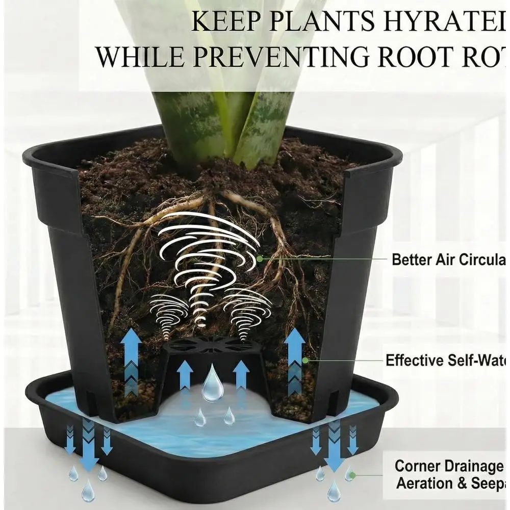 6-Pack Heavy-Duty 8 Square Plastic Planters with Trays, 24 Drainage Holes to Prevent Root Rot, Raised Bottom for Airflow