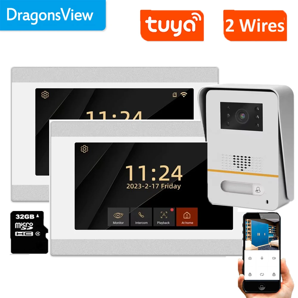 Dragonsview Tuya 7 inch Wired Video Door Phone Intercom 1080P Outdoor Camera Two-Wire Remote Unlock Wifi Wireless Motion Detect