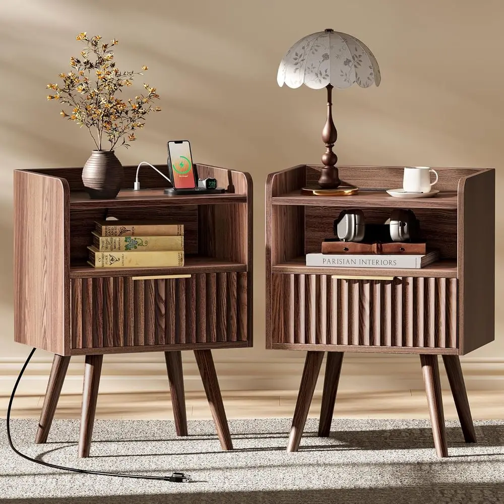Nightstand with Charging Station, USB-C Port, luted Night Stand Set o 2, Bed Side Table with Der, Solid Wood eet, Open Storage,