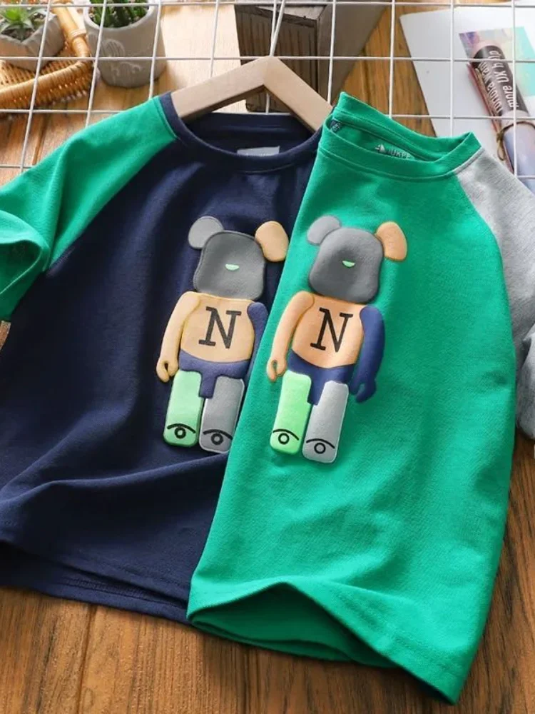 

Pure Cotton ort Sve T-irt for Boys 2023 Summer New Sle Mid-Size Children Bear Pattern f Sve Korean Version Top