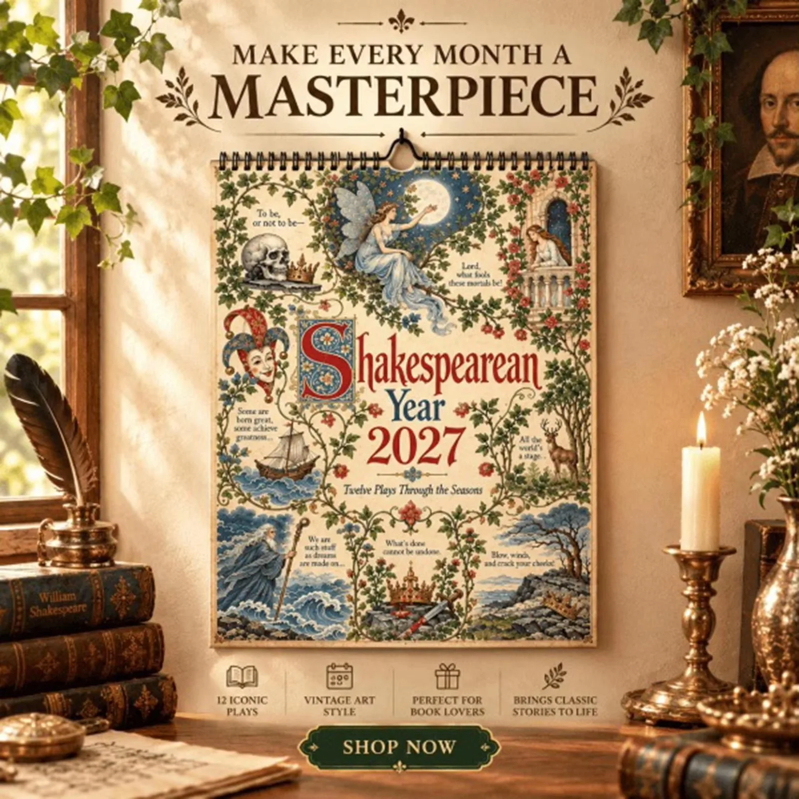 2027 Shakespearean Year Wall Calendar 12 Classic Drama Vintage Art Monthly Planner Literary Home Office Decor Gift for Book Fans