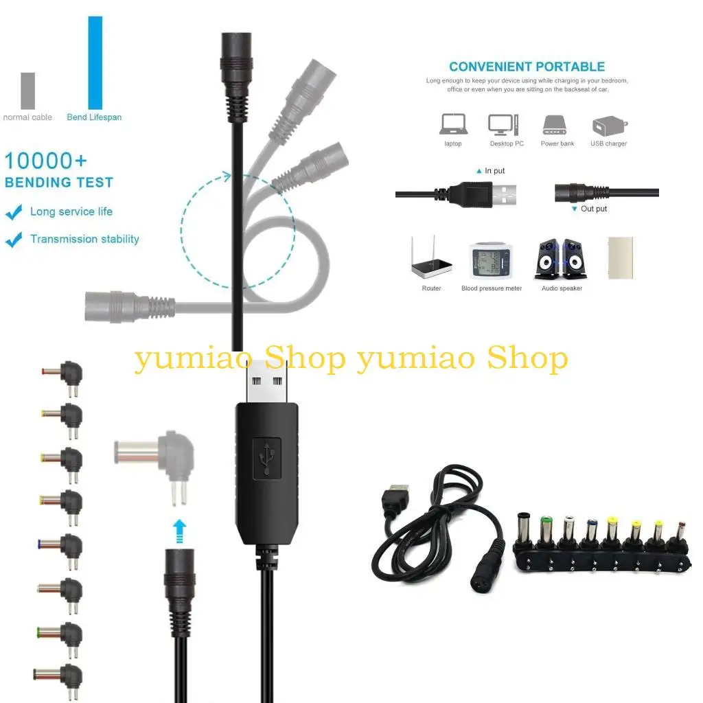 587B USB to DC5521 5V Power Cord,DC5.5x2.1mm Charging Cable with 8 Adapter Set