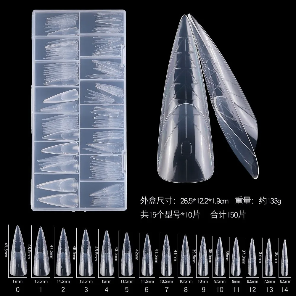 150pcs Coffin Shape Sandwich Nail Forms Almond Shape No-Trace Double-Sided Fake Nails Clear Extension with Auxiliary Line