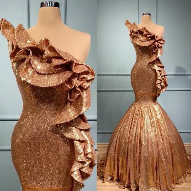 2022 Sexy Mermaid sukienka na studniówkę jedno ramię Ruffles świecący cekiny suknia wieczorowa suknia dla dziewczynek Robe De Soirée