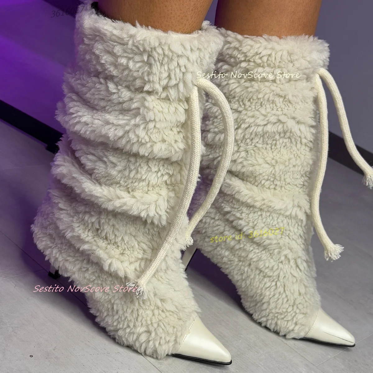 

Белые сапоги до середины икры из овечьей шерсти с острым носком, пикантные женские модные ботильоны на высоком каблуке-шпильке в стиле пэчворк, зима-осень