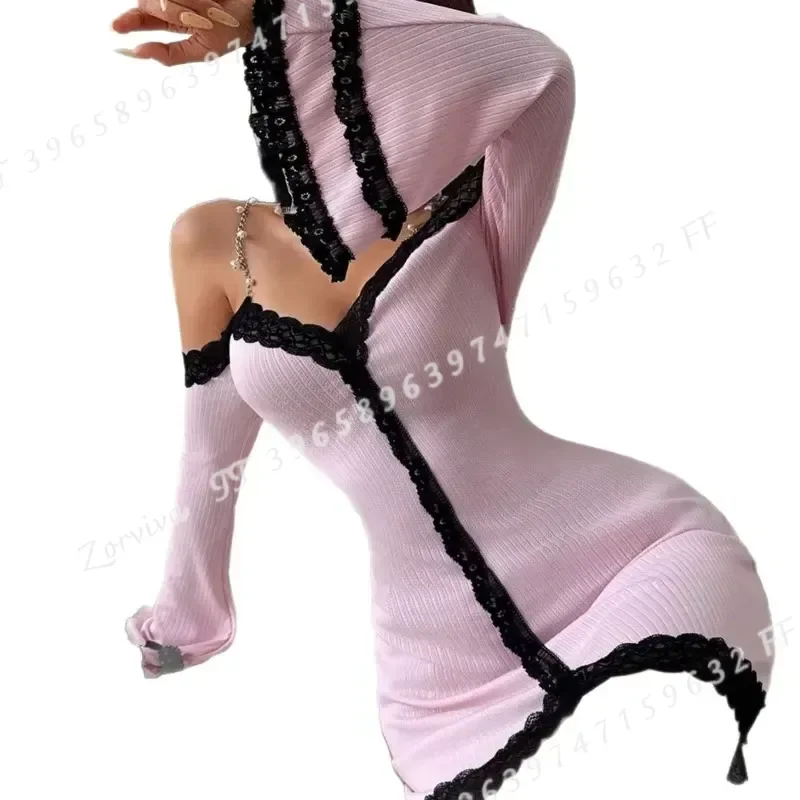 Women Chain Spaghetti Strap Bell Long Sleeve Mini Babydoll Nightwear Dress Slim Fit Lace Trim Pearl Metal Nightdress