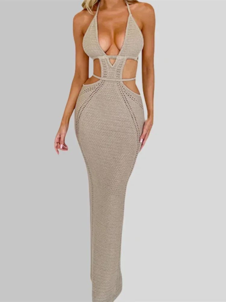 المرأة محبوك فستان طويل الرسن أكمام عارية الذراعين الجوف خارج Bodycon فستان الصيف مثير نادي فساتين الشاطئ