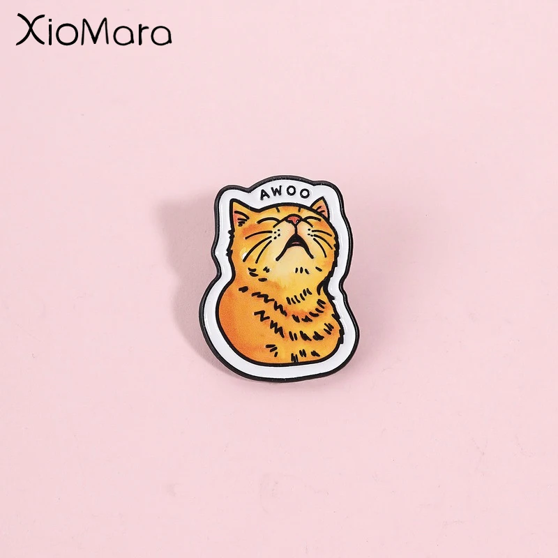 Cute Orange Cat Brooch, Closed Eyes Howling Awoo Sound Effect, Cat Theme Badge, Daily Wear Accessory Gift, Medium Design