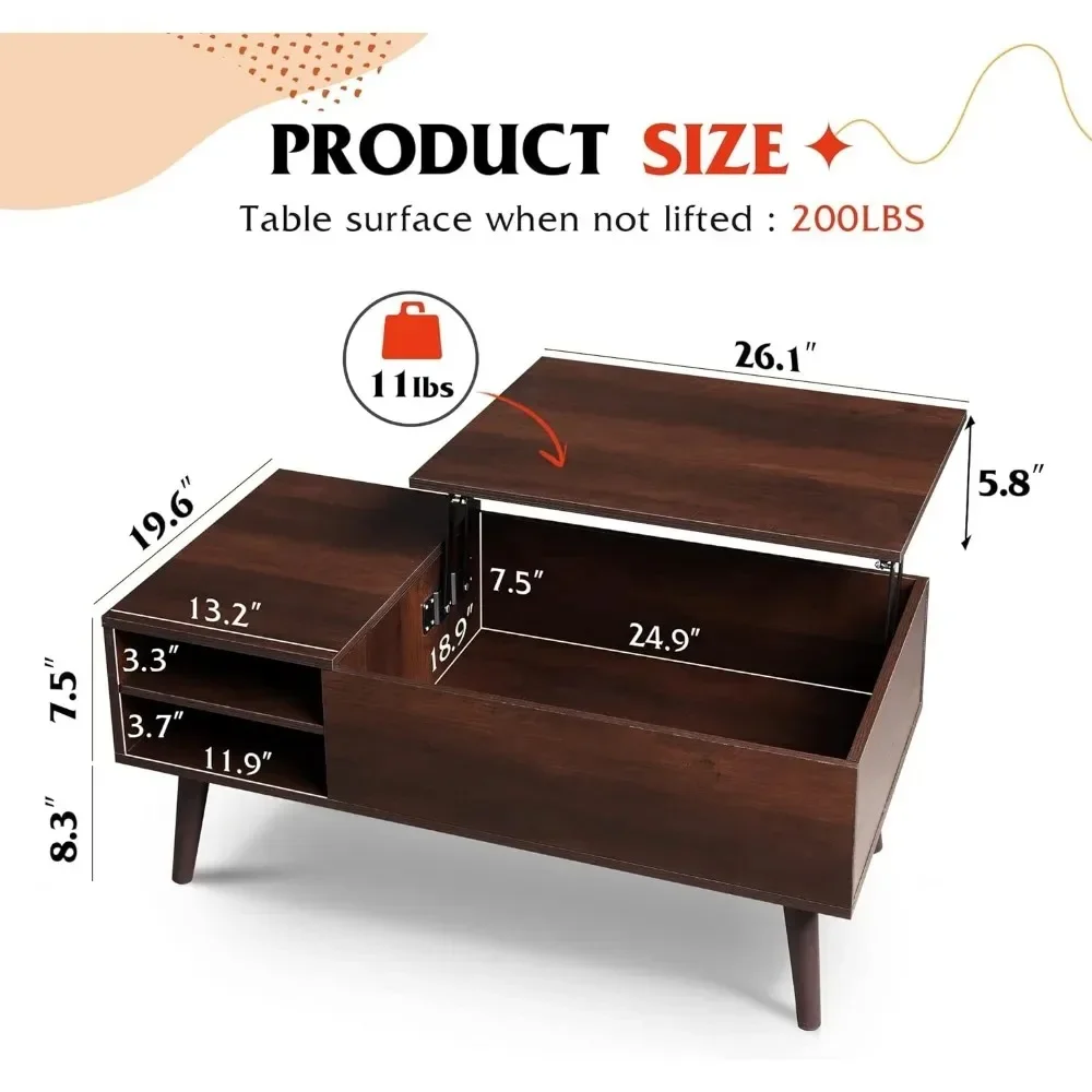 Table basse relevable pour la salle de séjour, petite table basse avec rangement, compartiment GNE et étagère réglable, moderne du milieu du siècle