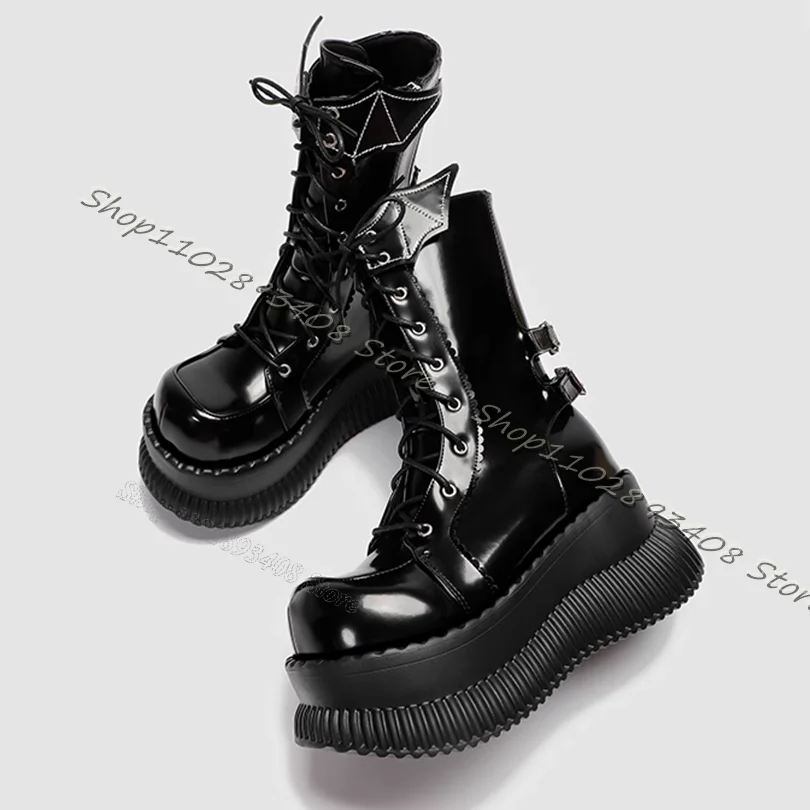 Black Muffin Bottom Boots Patent Leather Lace up Combat Boots Side Zipper Wedges Heels Pattern Women Shoes Zapatos Para Mujere