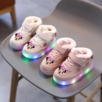 Disney เด็กการ์ตูน Minnie รองเท้าลําลองนุ่ม soled หญิง light up รองเท้าผ้าใบ baby plus กํามะหยี่อบอุ่นรองเท้าสั้นรองเท้าผ้าฝ้าย