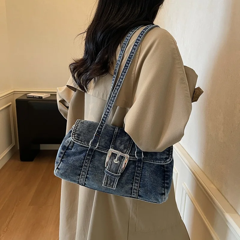 

Нишевая джинсовая сумка через плечо 2025 года, роскошная женская сумка через плечо, универсальная пригородная сумка, минималистичная сумка «день-ночь», текстурированная