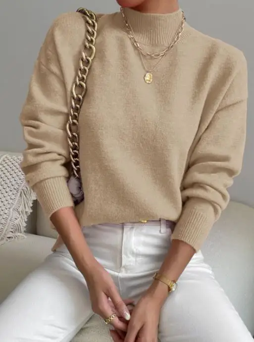 

Женские пуловеры, топы, осенне-зимний пуловер с полувысоким воротником, свитер с длинными рукавами, женский модный однотонный свободный вязаный топ