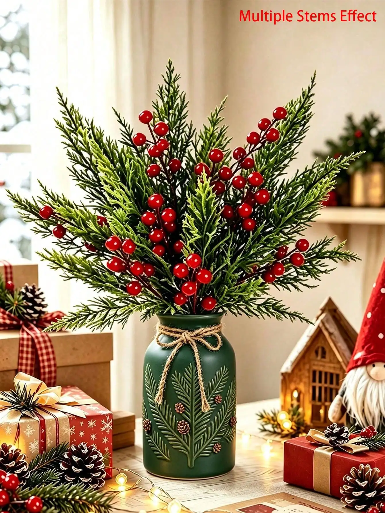 20pcs Artificial Pine Branches With Red Berry Stems,Sprigs Holly Berries Twigs Christmas Tree Picks,Christmas Decor Artificial Greenery Christmas Ornaments For DIY Craft Wreath Garland Holiday Season Decor Table Centerpieces Decor Xmas Party Decor.