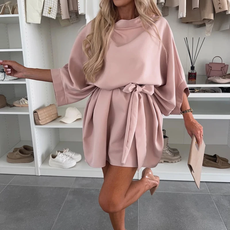 ربطة القوس فيونكة حتى الخصر فستان الحفلات النسائية جديد 2025 موضة س الرقبة Batwing كم فستان فضفاض أنيق بلون التنقل فستان قصير #3