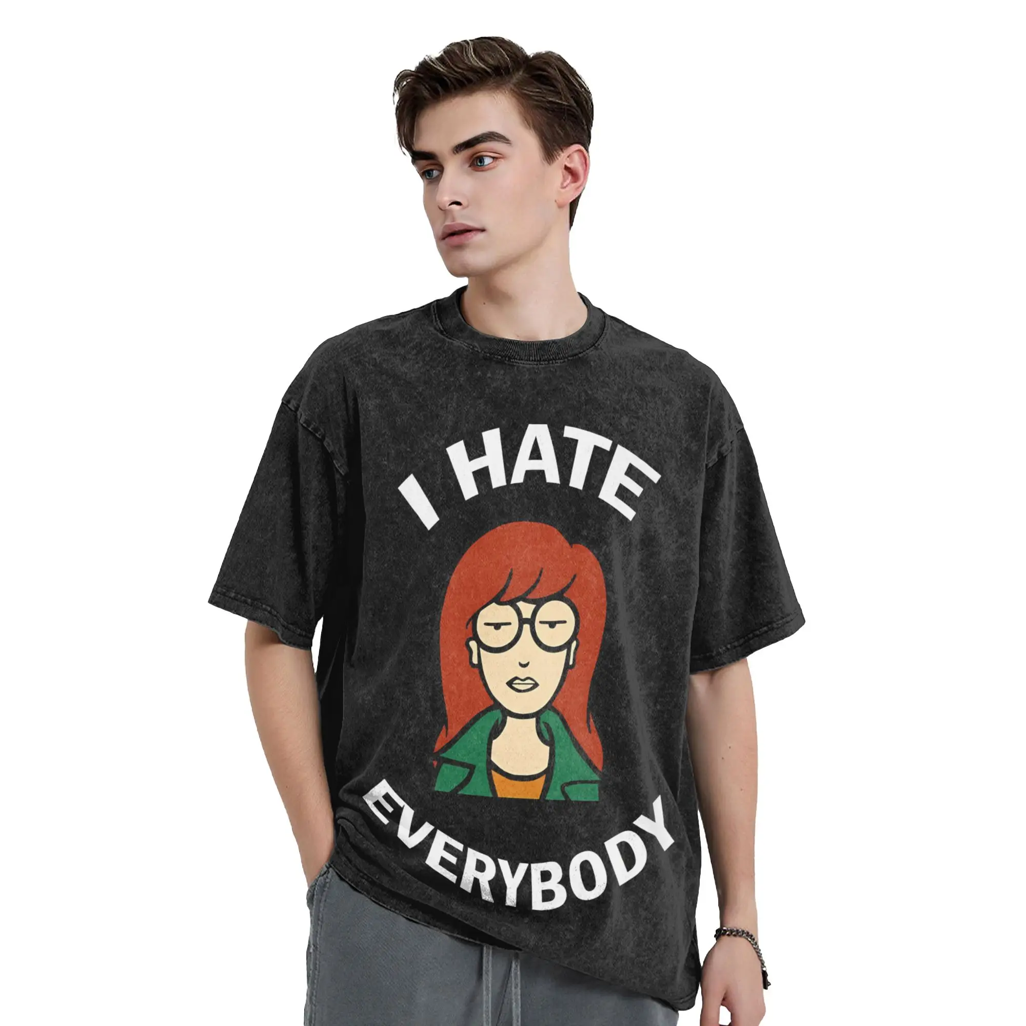 Darias I Hate Everybody T Shirt Washed Short Sleeve Oversize T-Shirts  Cool Men Women Tops Streetwear Graphic Printed Tops Tees
