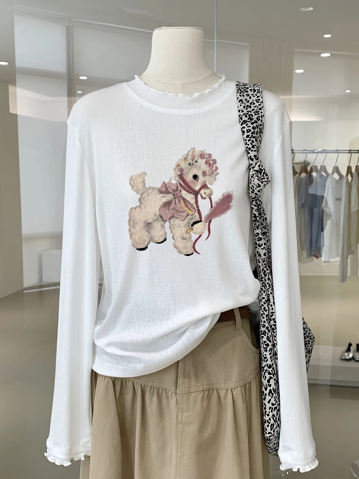 Korean Style Long Sleeve T-Shirt Women's Skin-friendly Base Layer Shirt Comfortable Soft Cotton Print Top Trendy Fashion