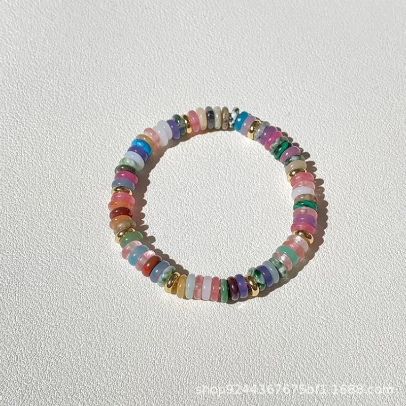 Summer Ins Dopamine Natural Stone Colorful Beaded Bracelet For Women Rainbow Handmade Elastic Cord Lucky Fortune Blessing Charm