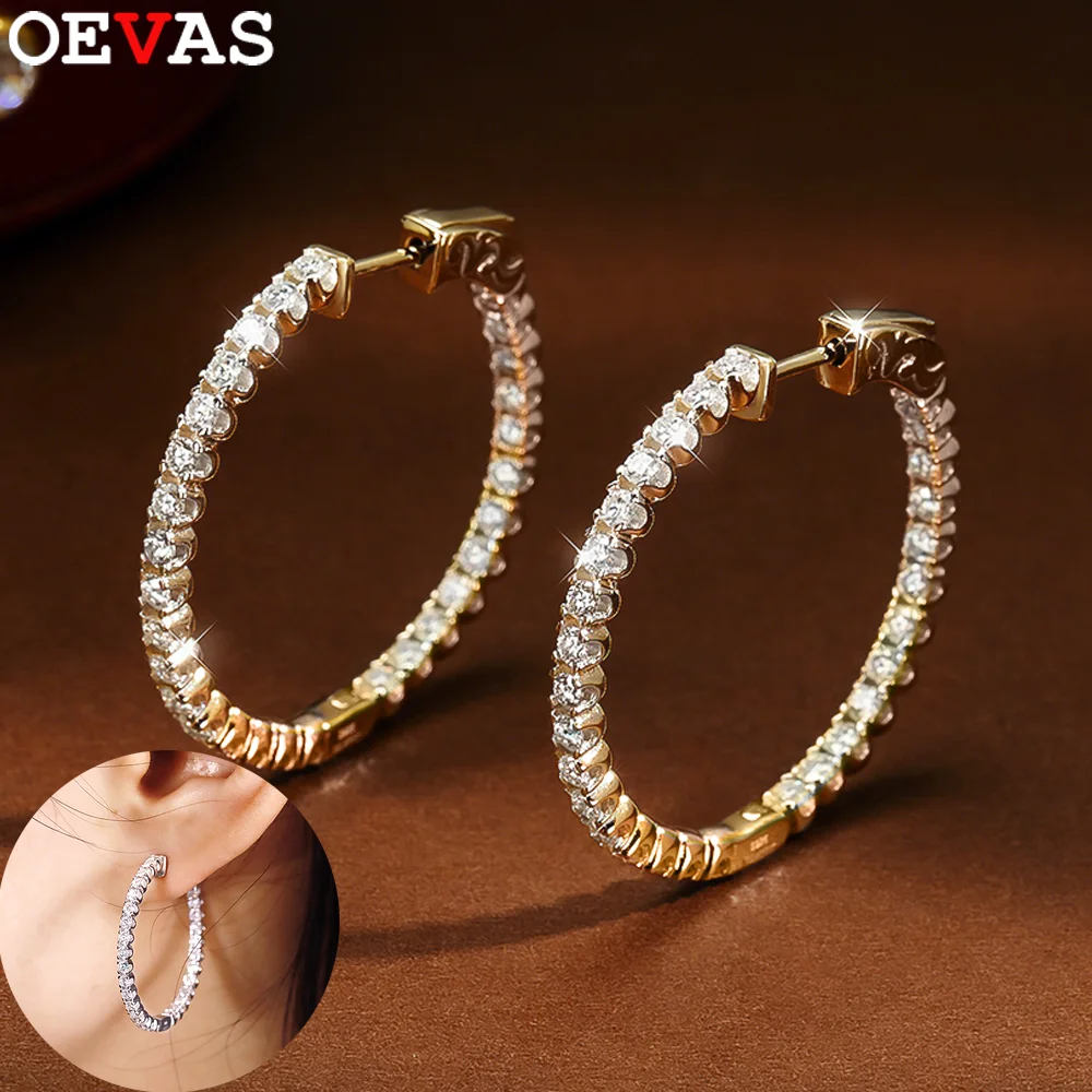 OEVAS 1.8MM Full Moissanite Hoop Earrings For Women 100% S925 Silver Plated 18K Gold D VVS Lab Diamond Earrings Jewelry Gift