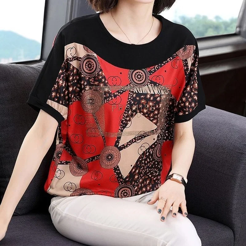 Summer New Thin Printing Loose T Shirt Tops Short Sleeve Round Neck All-match Pullovers Casual Fashion Women Clothing