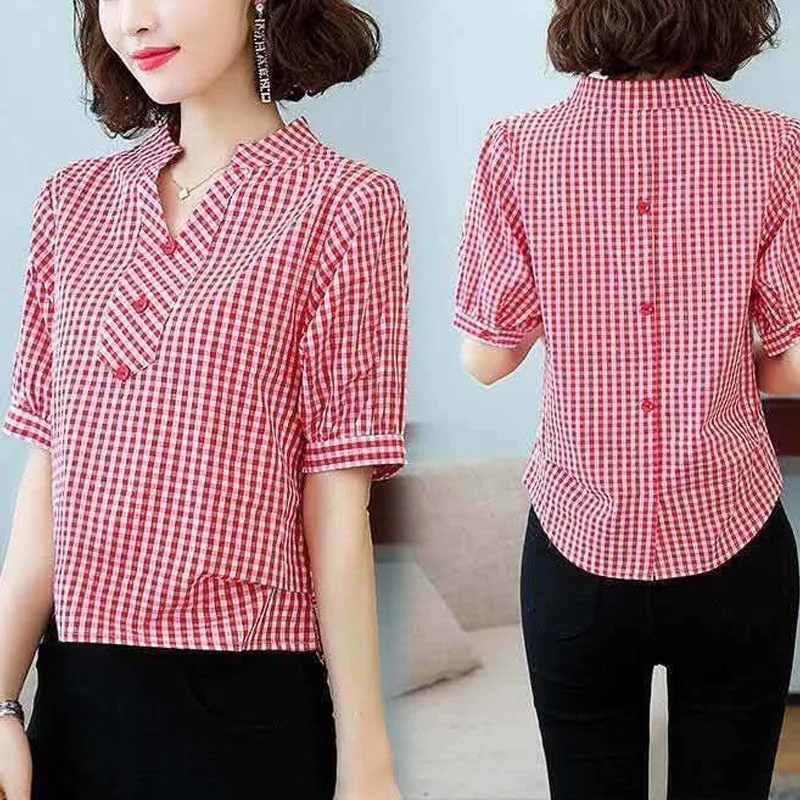 Office Lady Plaid Fashion V-Neck Blouse Casual Button Summer Short Sleeve All-match Women's Clothing Patchwork Straight Shirt