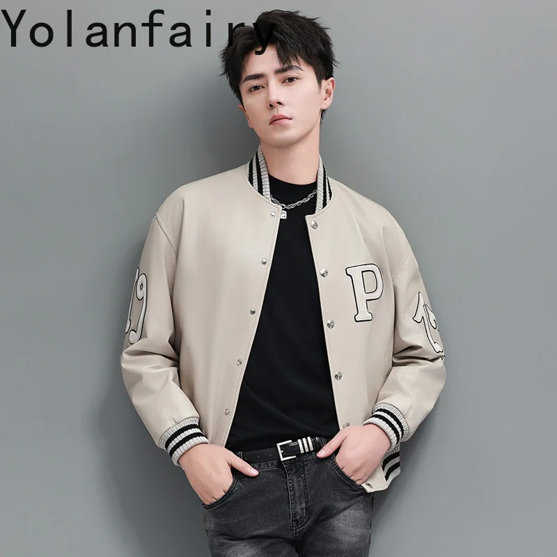 YOLANFAIRY Top Quality Real Sheepskin Genuine Leather Jackets Man Loose Embroidered Men's Flight Suit Motorcycle Leather Coats