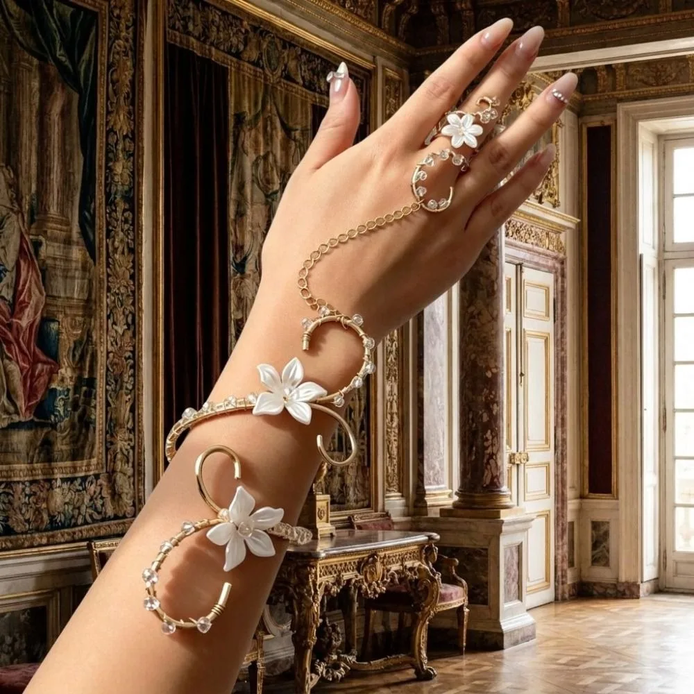 Artificial Integrated Finger Chain Bracelet Crystal Hollow Out Spiral Gold Arm Cuff Vacation Style Boho