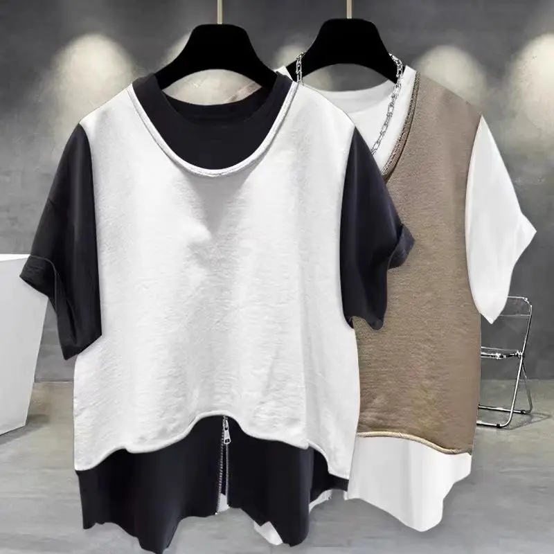 Summer Fake Two Piece Short Sleeve Men Round Neck T Shirt Zipper Handsome Students Loose All-match Fashion Oversized Clothes Top