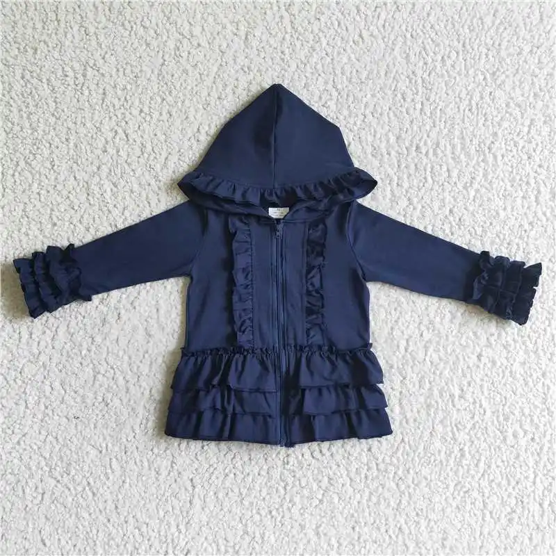 GT0013 Fashionable And Good-Looking  Girls Clothes Long Sleeve Top Blue Hood Zipper Print With  Children Clothes