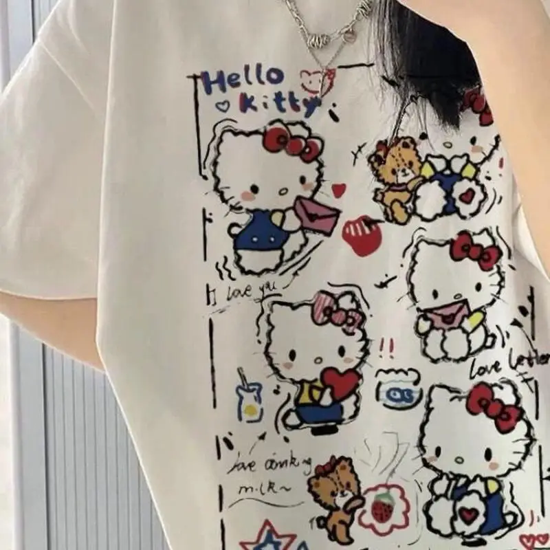 Short-Sleeved Summer Hello Kitty Graffiti Printed T-Shirt for Women Cotton Y2K Cute Cartoon Pattern Popular Street Fashion Ins