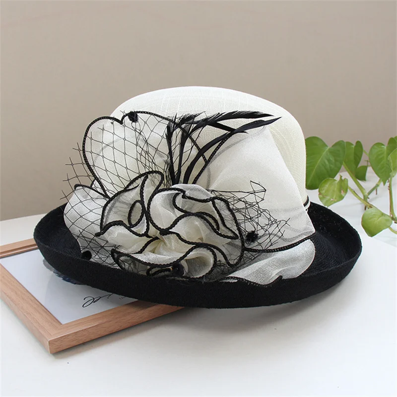 British Lady Deby Race Fedora Hat Summer Church Elegant Sinamay Flower Linen Sun Cap Women Vaction Curl Brimmed Cloche Hats