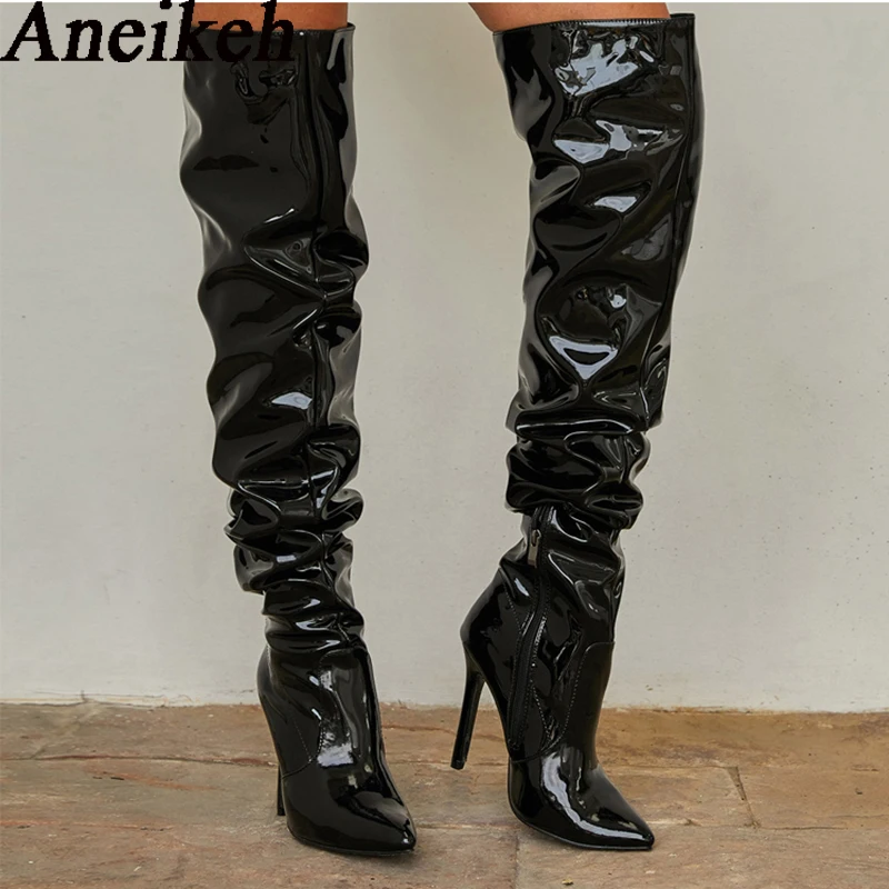 Aneikeh Patent Leather Over The Knee Chelsea Boots Women Shoes Heels Fashion Solid Sexy Thin High Heel Side Zippers Boots Female