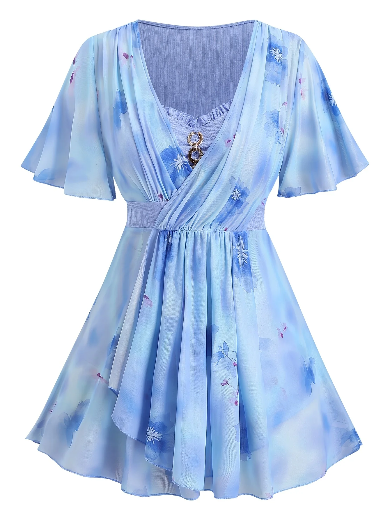 

plus Size Women's Tie-Dye Macaron Color Purple-Blue Soft V-Neck Dress European American Style Casual Comfortable Fit Dress