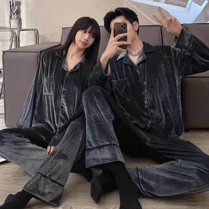 Couple Pajamas for Men Velvet Winter Sleepwear Korean Sleeping Night Wear Solid Pijama 2 Pcs Pants Sets Button Pocket Home Suit