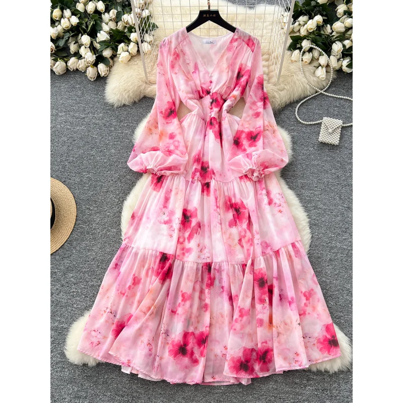 

French Style Women's Dress2025New High-GradeVPearl Button Lantern Sleeve Waist-Cinching Flared Print Long Dress