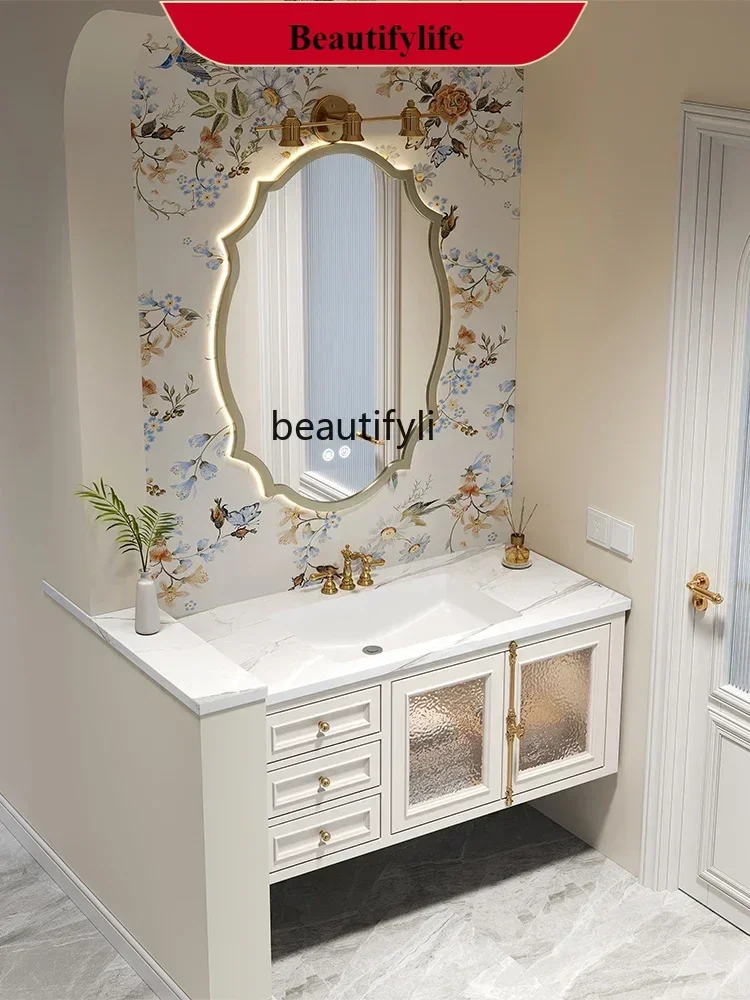 

French Entry Lux Bathroom Cabinet Ceramic Whole Washbin Solid Wood Stone Plate Seamless Basin Combination Washstand Cabinet