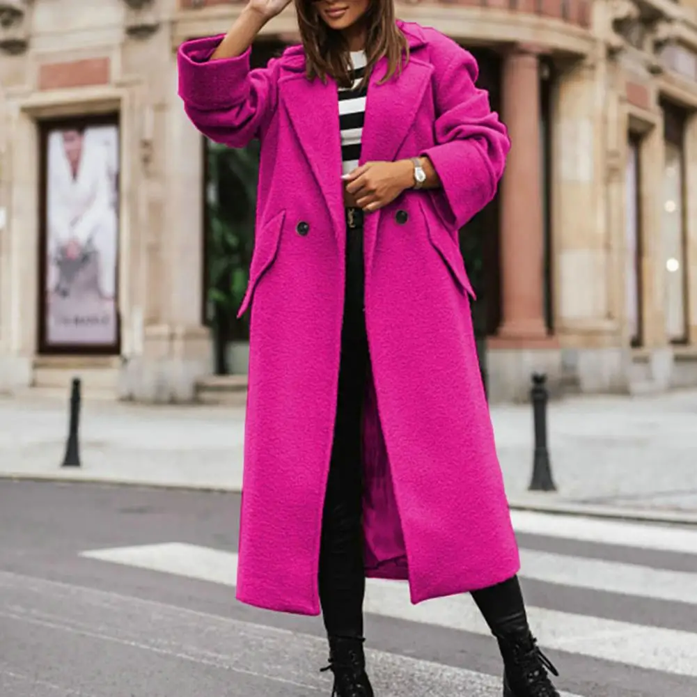 Casaco longo à prova de vento feminino com bolsos de lapela, cardigã grosso, sobretudo quente, abotoado duplo, inverno, outono