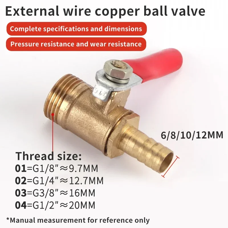 

10pcs Ball Valve 4-12mm Hose Barb Connector Joint Copper Pipe Fitting 1/8'' 1/2'' 1/4'' Male Thread Coupler Adapter