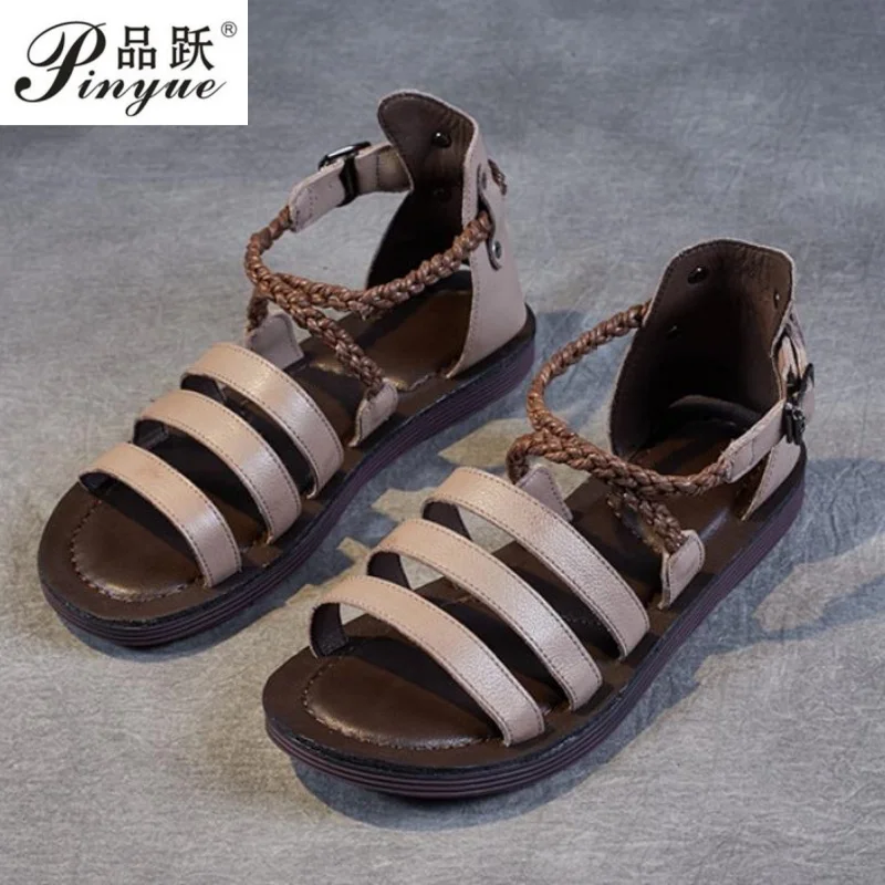 Summer New Ethnic Style Art Retro Genuine Leather Handmade Flat Bottom Soft soled Women's Shoes Sandals 35-40