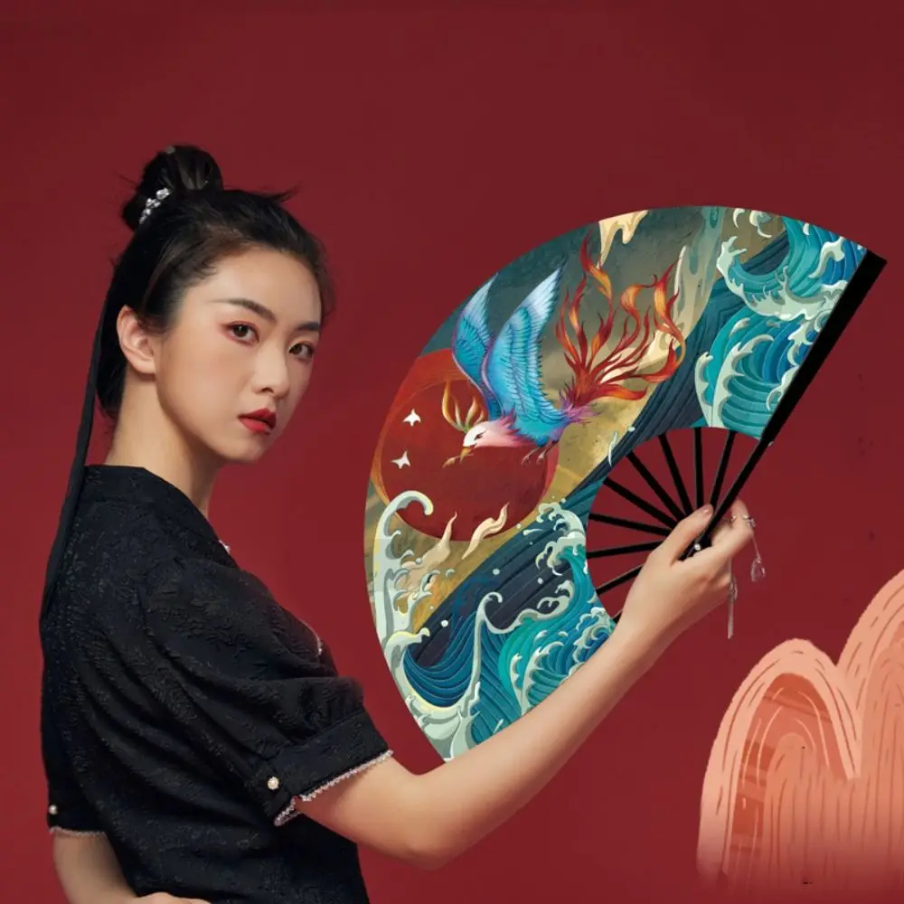 Oriental Mythology Taffeta Folding Fan ABS Plastic Handle Vintage Bamboo Fan Chinese Style Large Size Party Favors Home Decor