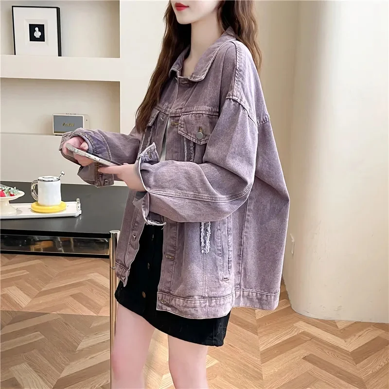 

Korean Femme Fashion Solid Color Cowboy Jacket Autumn Ladies Casual Loose Lazy Style Denim Coat Women Long Sleeved Jeans Outwear